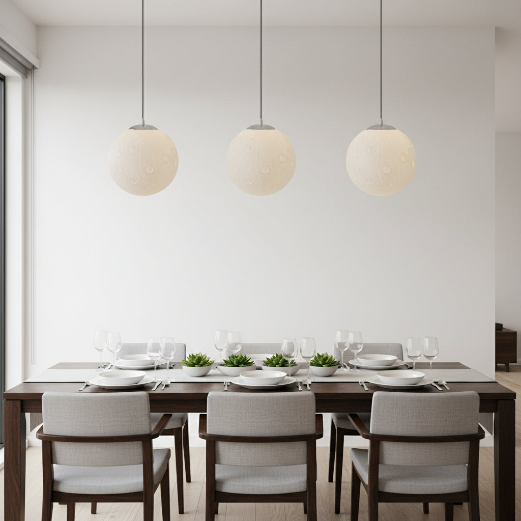 Gemelli Collections moon pendant lamp featuring a realistic 3D crater-textured globe with soft ambient lighting, suspended ceiling design, and modern celestial-inspired décor for bedrooms and contemporary interiors