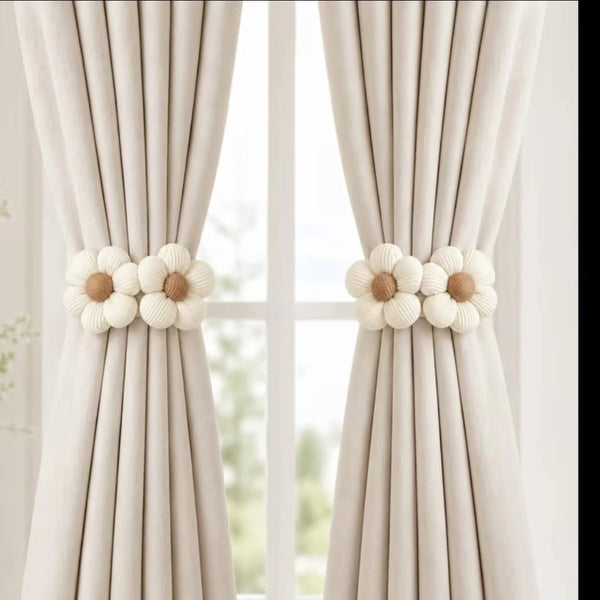 Bohemian flower curtain tiebacks with a cute floral design and soft woven rope for neatly holding curtains open and decorating windows.