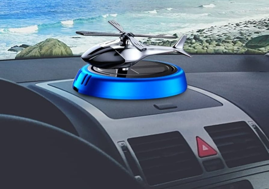 Solar Power Car Freshener Helicopter with Rotating Fan – 360° Fragrance Dispersal, Black, Blue, Red