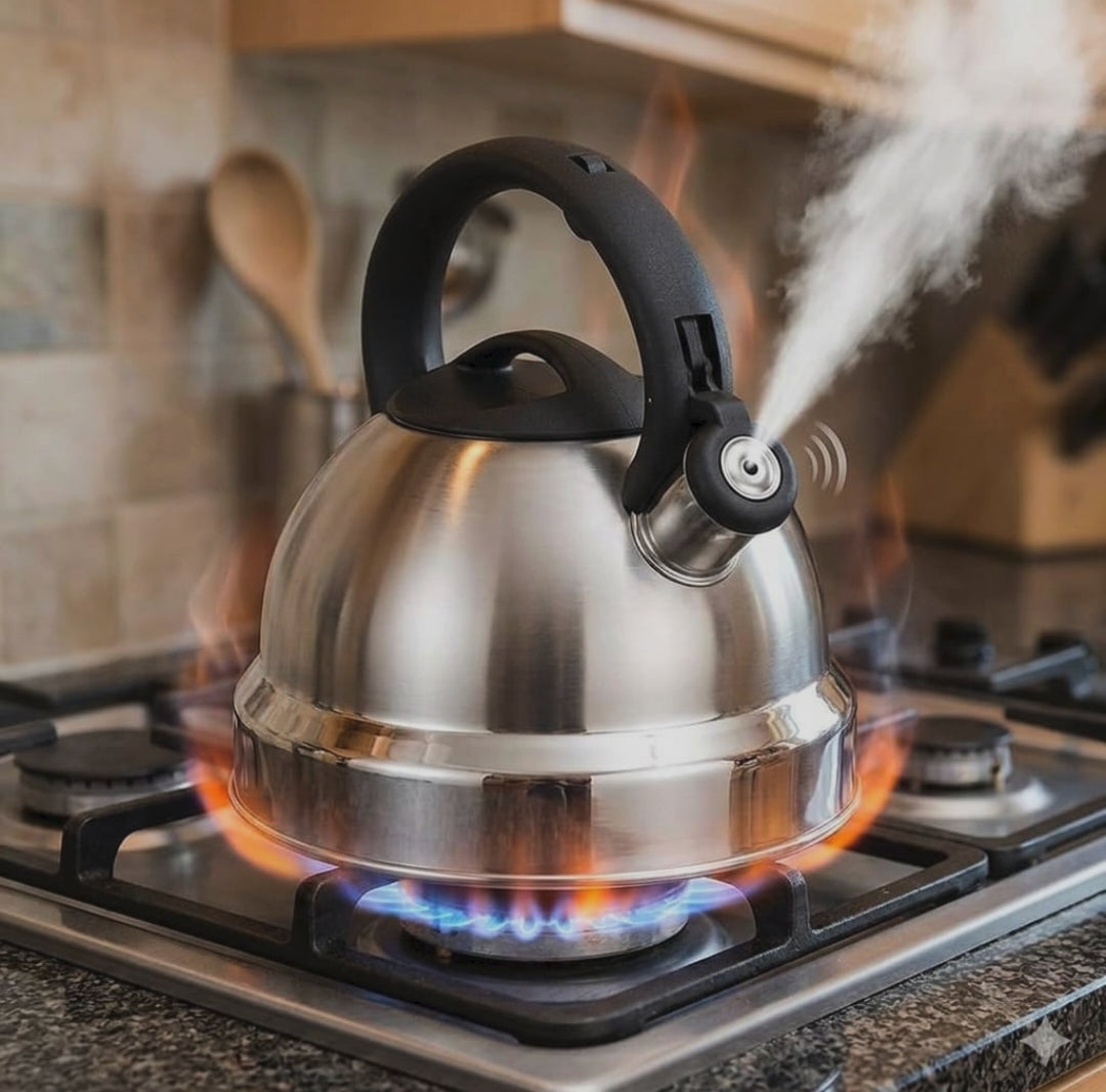 3 litre stainless steel whistling kettle with built in boiling alert suitable for tea coffee and everyday hot beverage preparation.
