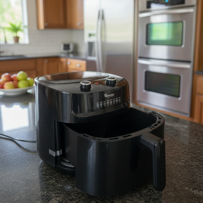 Black 6L manual air fryer with non-stick detachable drawer and adjustable temperature control