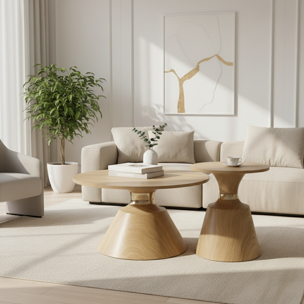 Gemelli Collections 2-piece round nesting coffee table set with light oak wood top, cone pedestal base, and gold aluminium ring accent for modern Scandinavian living room décor.