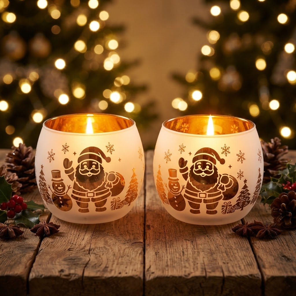 2 Piece Glass Snowflake Tealight Candle Holder Set