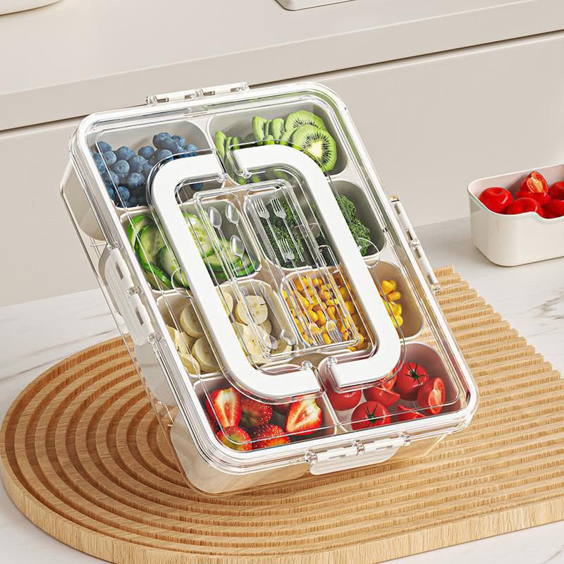 10 Compartment Clear Fridge Storage Box – BPA Free Food Organizer with Lid, Carry Handle, and Removable Compartments for Fruits, Vegetables, Snacks, and Pantry Storage