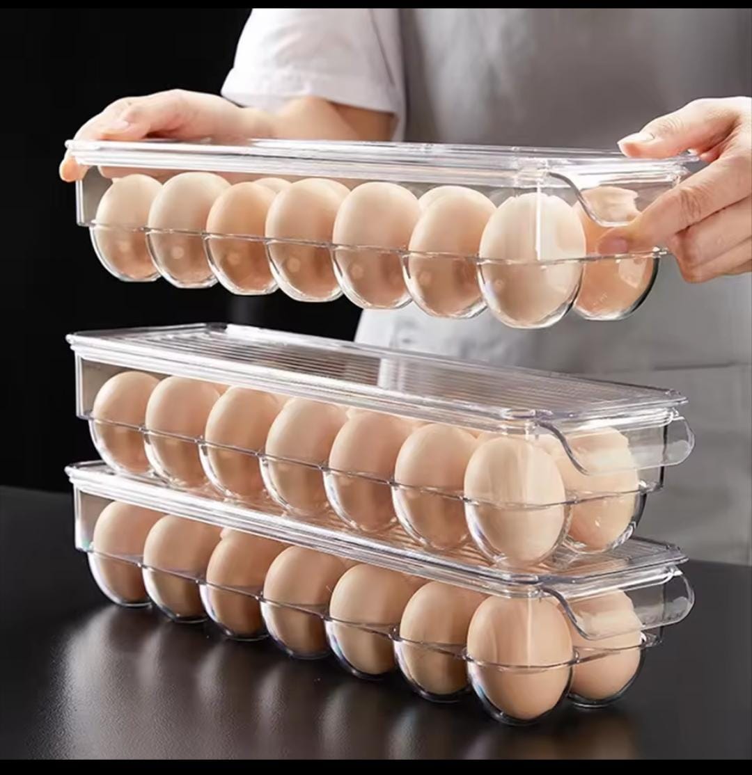 Clear acrylic egg holder designed to store and organise up to 14 eggs in refrigerators kitchens and pantry spaces