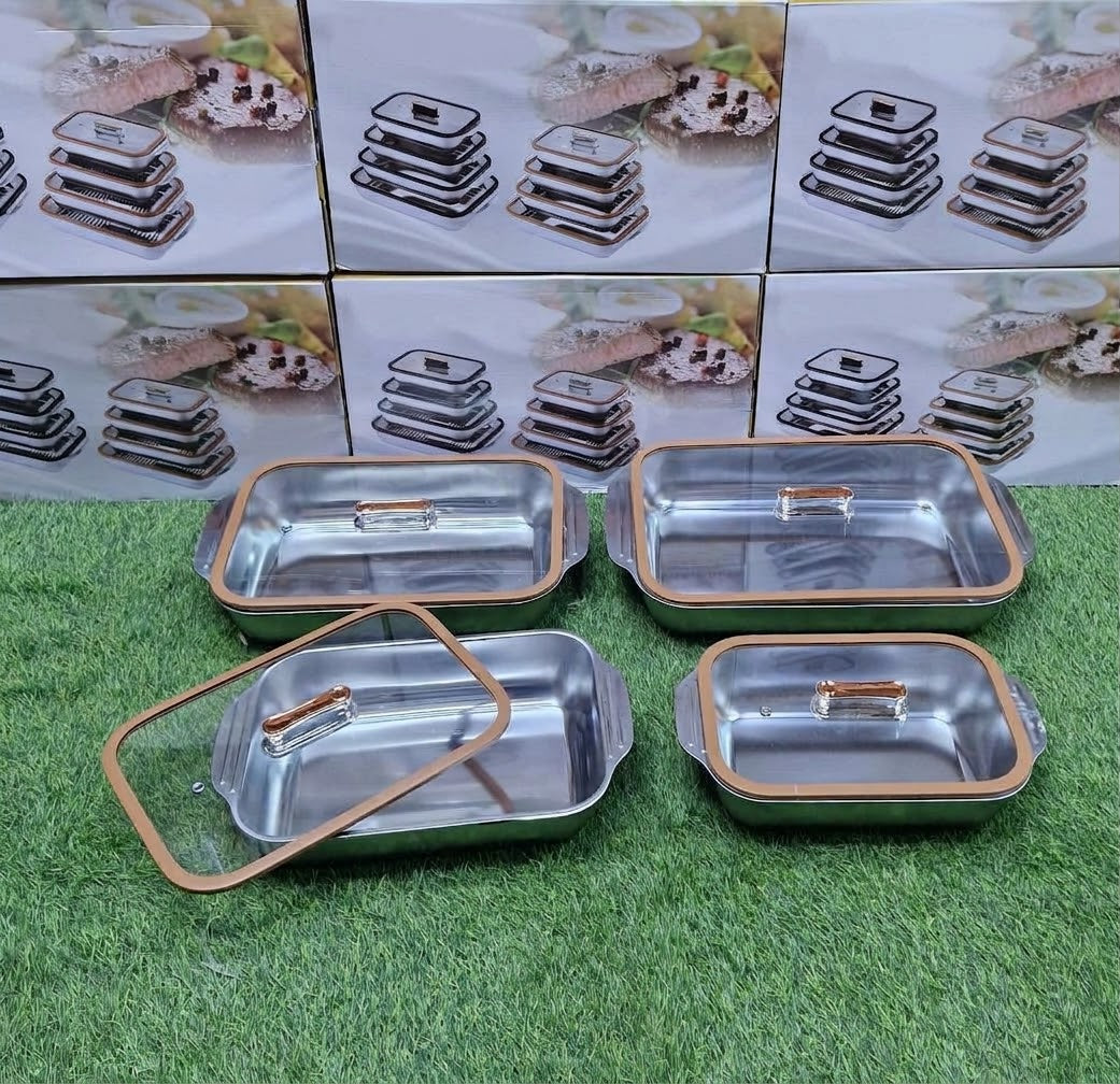 4-Piece Stainless Steel Serving Containers with Glass Lids