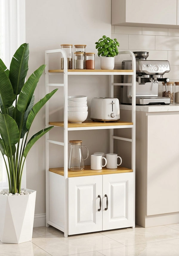 Gemelli Colllection kitchen cabinet multipurpose wood and metal storage rack shelf unit microwave stand household organiser furniture 60x40x132cm modern kitchen storage cabinet