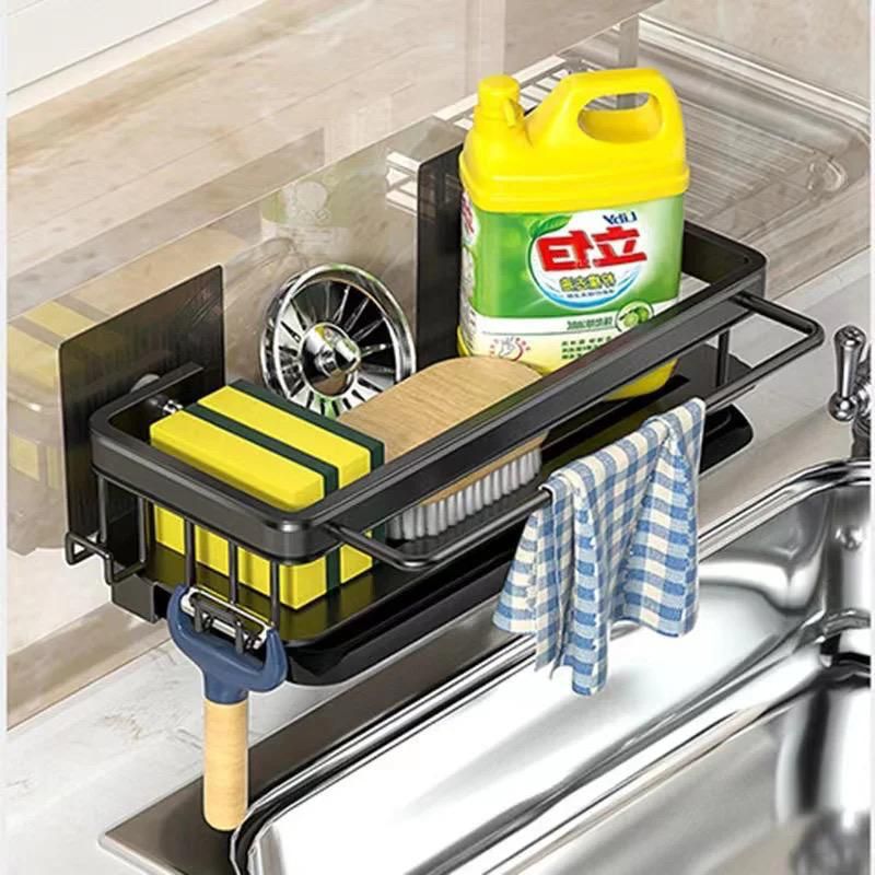 Aluminum kitchen and bathroom storage rack with drain tray and towel hanger