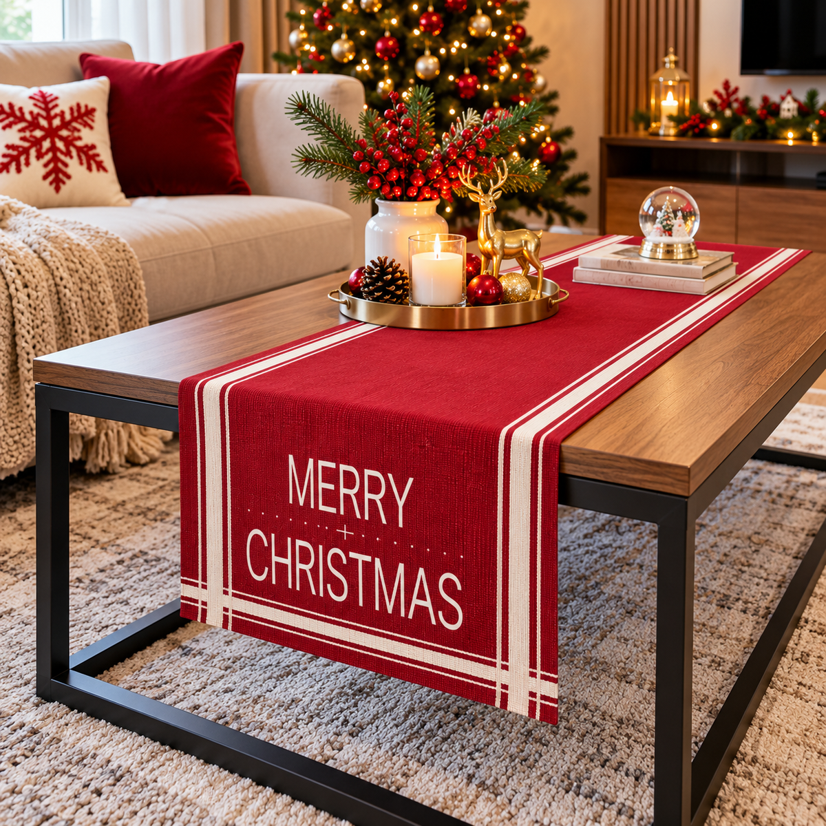 Merry Christmas Linen Table Runner for Festive Table Decor