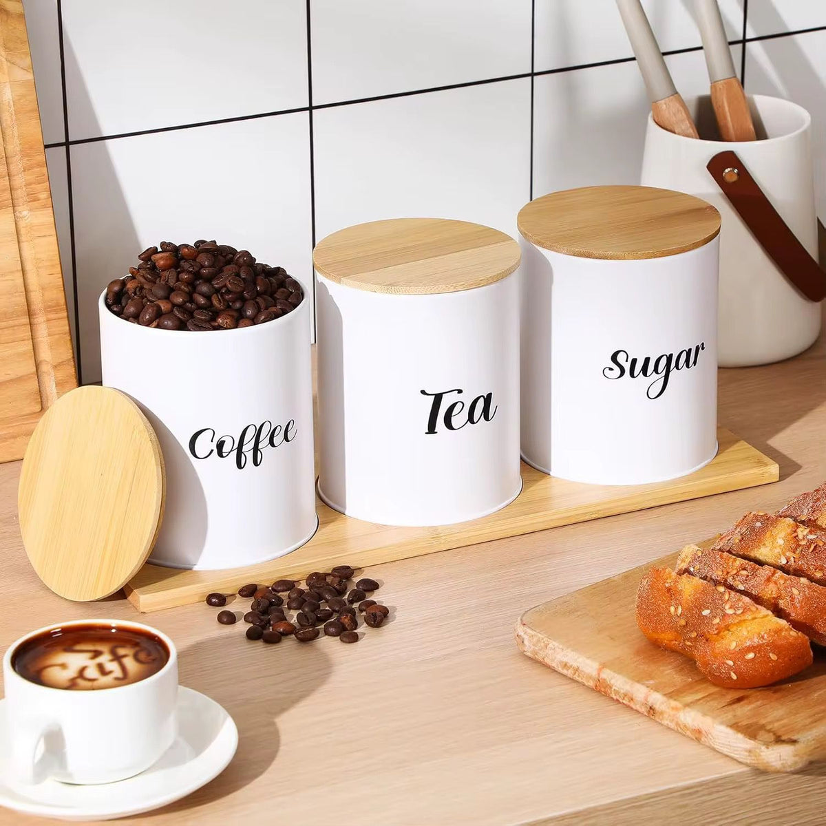 Gemelli Colllection 3pc airtight canister set bamboo lid kitchen storage containers black white food storage jars tea coffee sugar spice organiser airtight kitchen canisters modern countertop storage set
