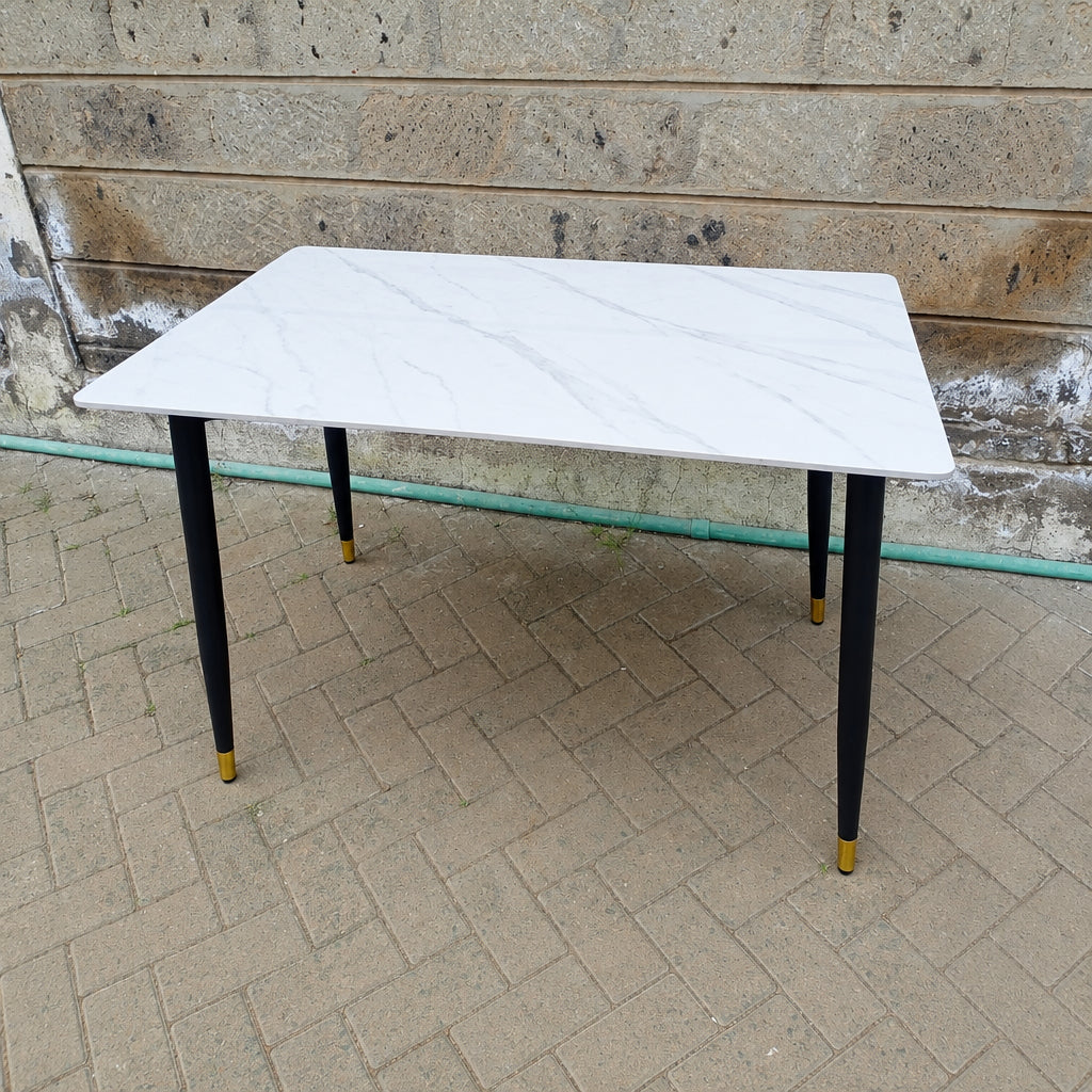 White Marble 4-Seater Dining Set – Rectangular Sintered Stone Table with Grey Button-Tufted Rattan Chairs