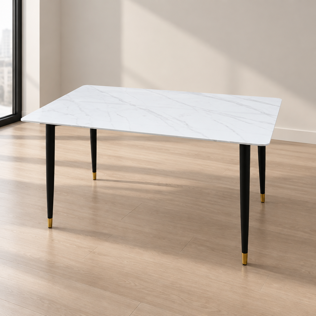 White Marble 4-Seater Dining Set – Rectangular Sintered Stone Table with Grey Button-Tufted Rattan Chairs