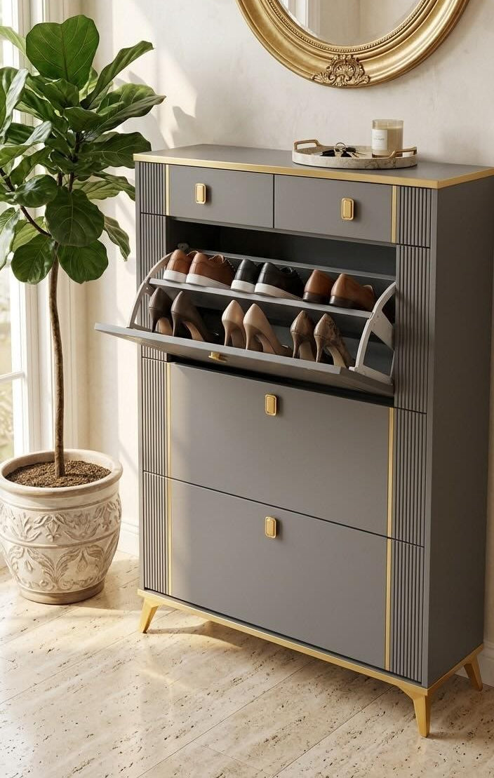 Gemelli Colllection bucket flip shoe cabinet grey gold shoe storage rack space saving shoe organiser 100x24x132.5cm modern shoe cabinet entryway hallway bedroom footwear storage unit flip door shoe rack large capacity dust free shoe organiser elegant home storage furniture with gold detailing