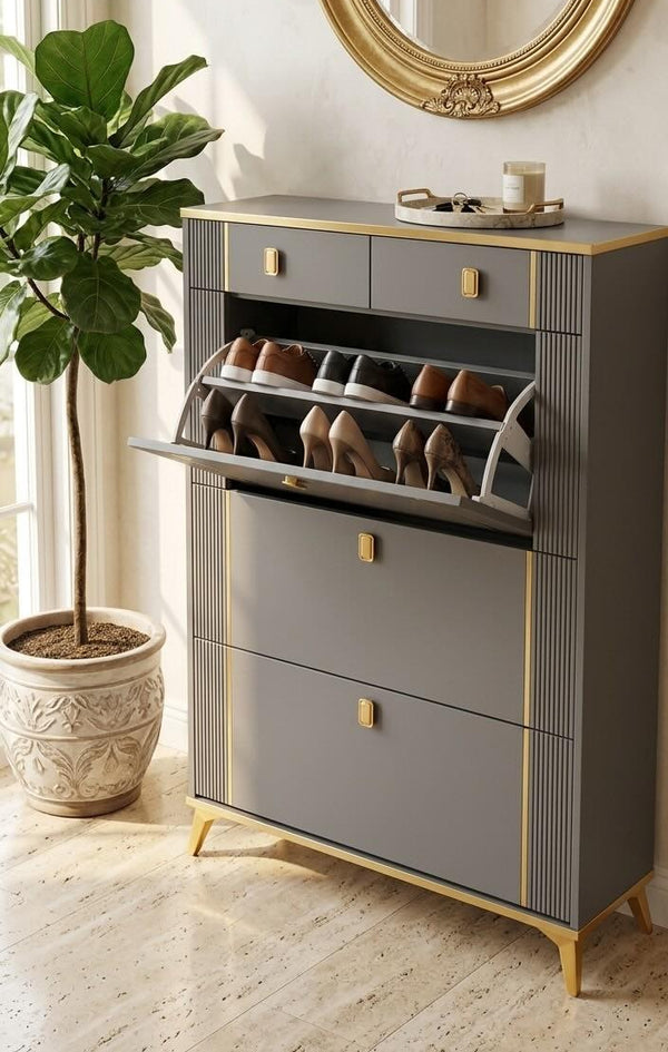 Gemelli Colllection bucket flip shoe cabinet grey gold shoe storage rack space saving shoe organiser 100x24x132.5cm modern shoe cabinet entryway hallway bedroom footwear storage unit flip door shoe rack large capacity dust free shoe organiser elegant home storage furniture with gold detailing