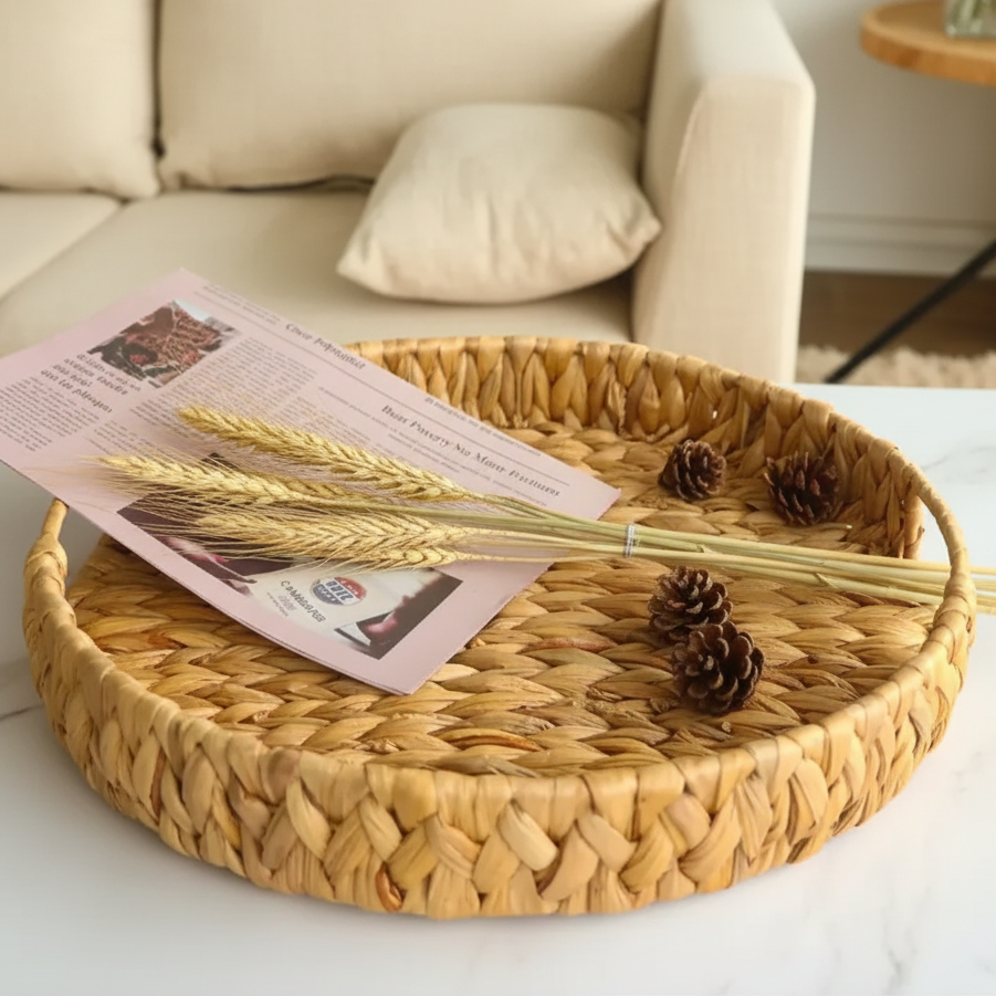 3-piece decorative handmade wicker tray set woven natural trays without handles for coffee table décor centrepieces home organisation and decorative displays.