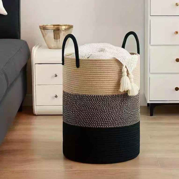 Gemelli Colllection cotton rope storage basket with handles large woven basket decorative home organiser toy storage basket blanket basket towel storage container nursery basket living room storage solution durable cotton rope basket stylish woven organiser
 home decor storage basket with handles