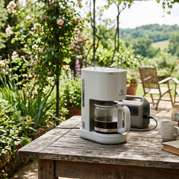 Electrolux 1.25 liter coffee maker with anti drip system, glass jug, and warming plate for home and office brewing.
