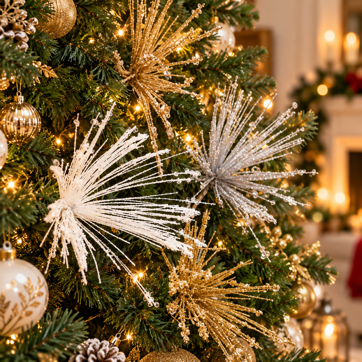 3-Piece Glitter Firework Christmas Tree Picks in Gold, Silver, Rose Gold and White