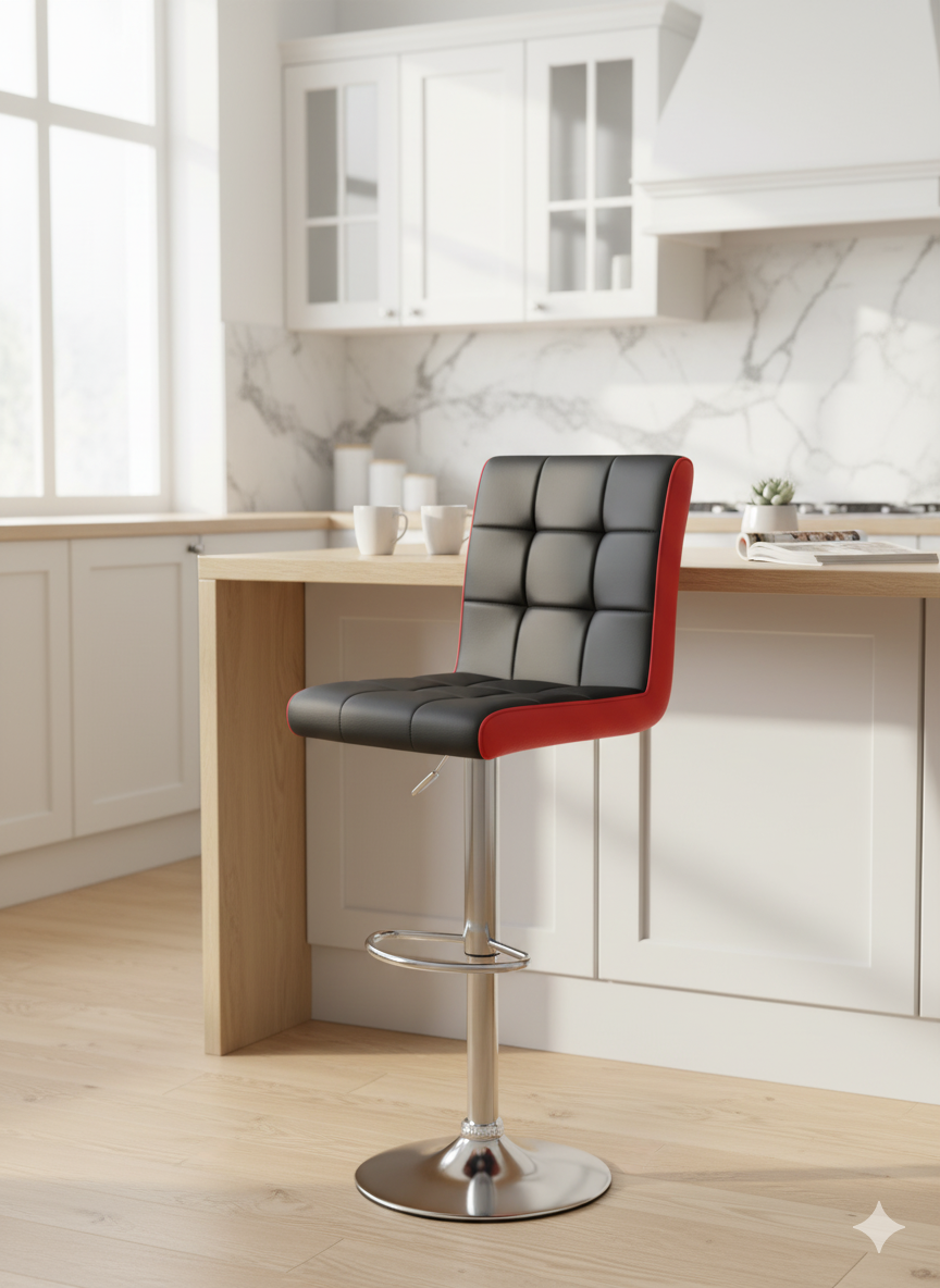 Black top height adjustable bar stool with metal frame and ergonomic design for kitchen or café use