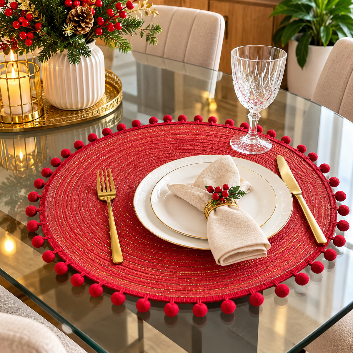 Set of 3 Red Round Woven Placemats with Pom Pom Trim