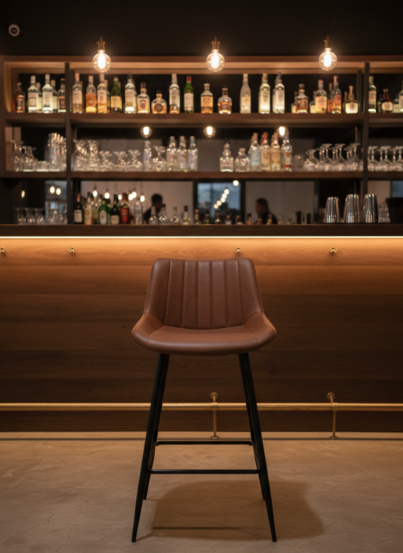 Brown modern bar stool with padded seat and durable frame for home or commercial use