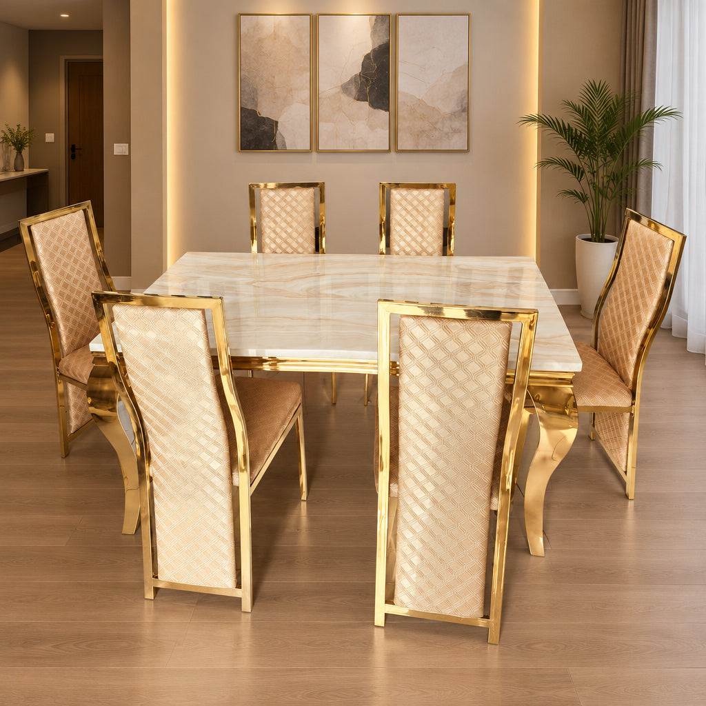 6-Seater Champagne Beige Dining Set with Beige Marble Top Diamond-Stitched Leather Chairs Gold Frame - available in Nairobi, Kenya