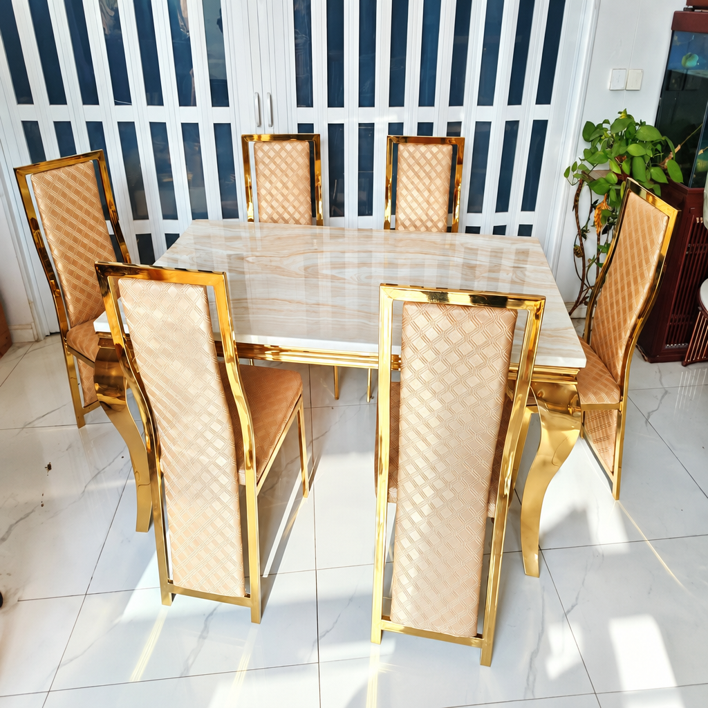 6-Seater Champagne Beige Dining Set with Beige Marble Top