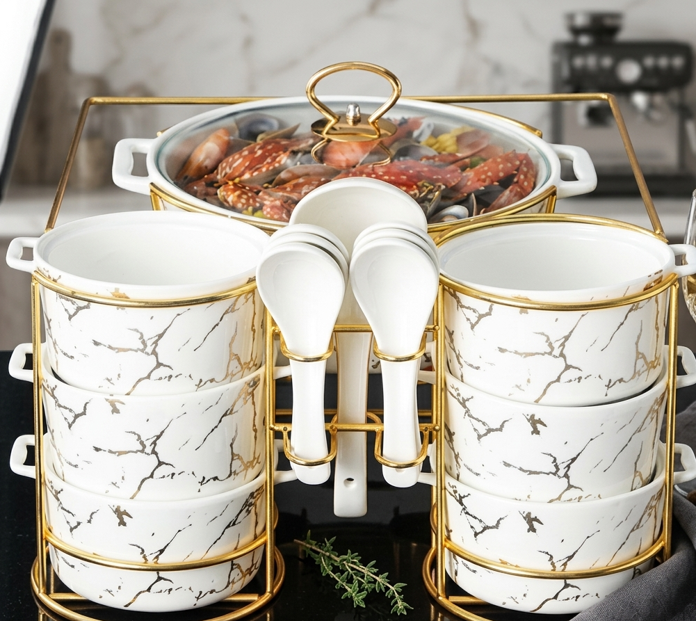 15-piece Nordic Ceramic Soup Pot and Binaural Soup Bowl Set in Marble White, Heat-Resistant Dinnerware for Home Dining and Parties