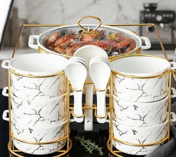 15-piece Nordic Ceramic Soup Pot and Binaural Soup Bowl Set in Marble White, Heat-Resistant Dinnerware for Home Dining and Parties