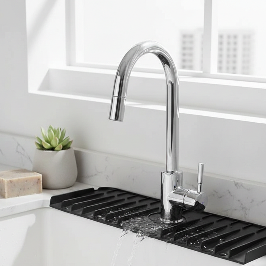 Silicone Sink Faucet Drain Mat, 14.5×5.5 Inch, Black and Orange, Flexible and Durable