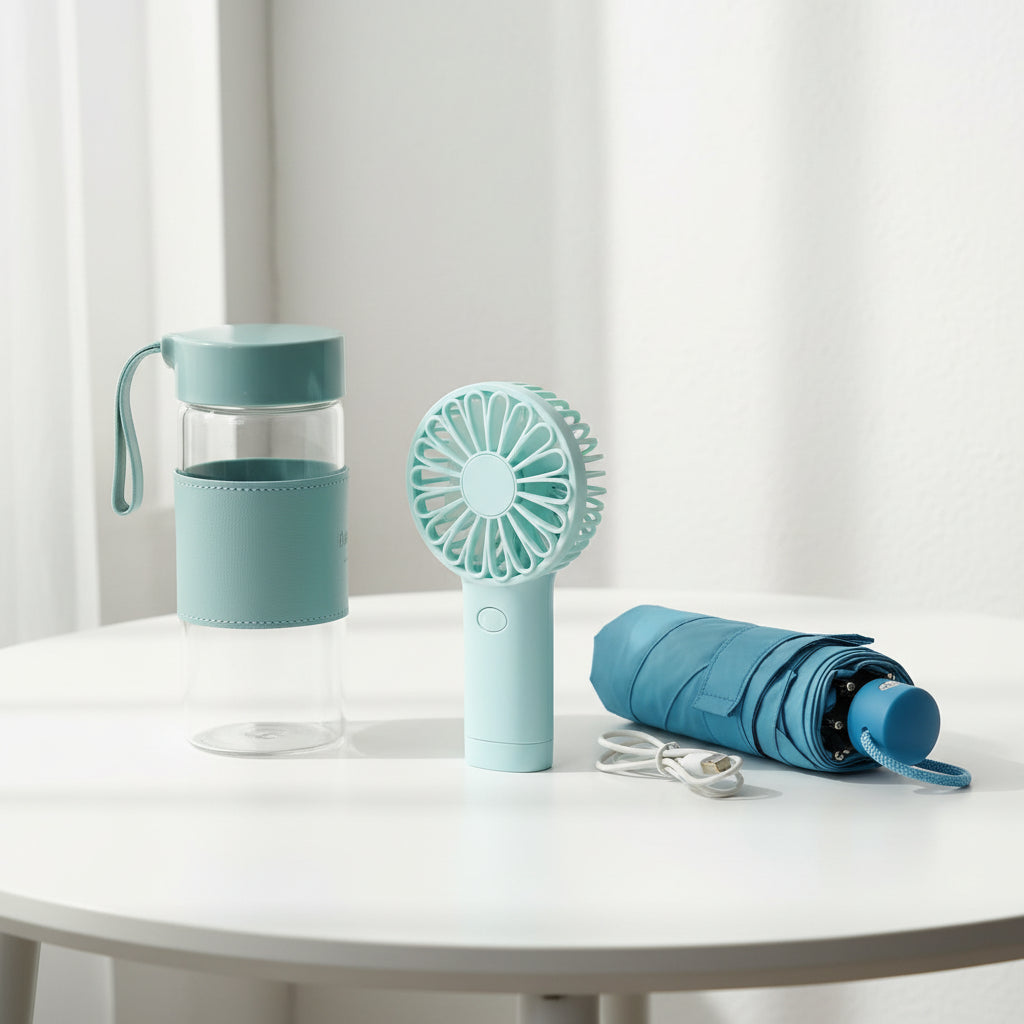 Fan, Umbrella, and Glass Bottle Gift Set – Corporate & Personal Gift Idea