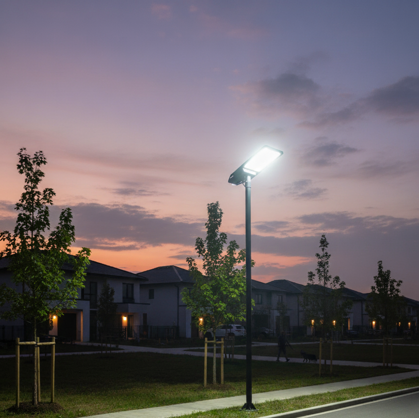 Gemelli Collections 400W bifacial solar street light – energy-efficient outdoor LED lamp with dual-sided solar panels and automatic sensor.