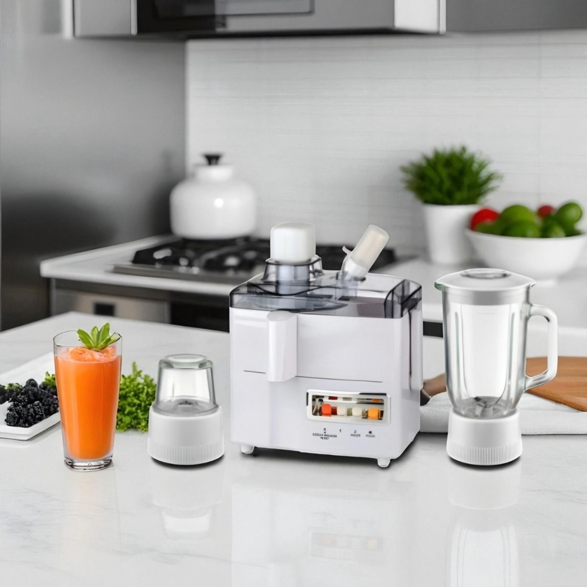 White 3-in-1 juicer, blender, and grinder with stainless steel spinner and pulp container