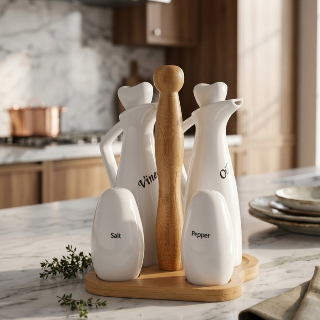 Gemelli Collections Porcelain Oil Vinegar Salt and Pepper Set with matching condiment containers for kitchen and dining table use.
