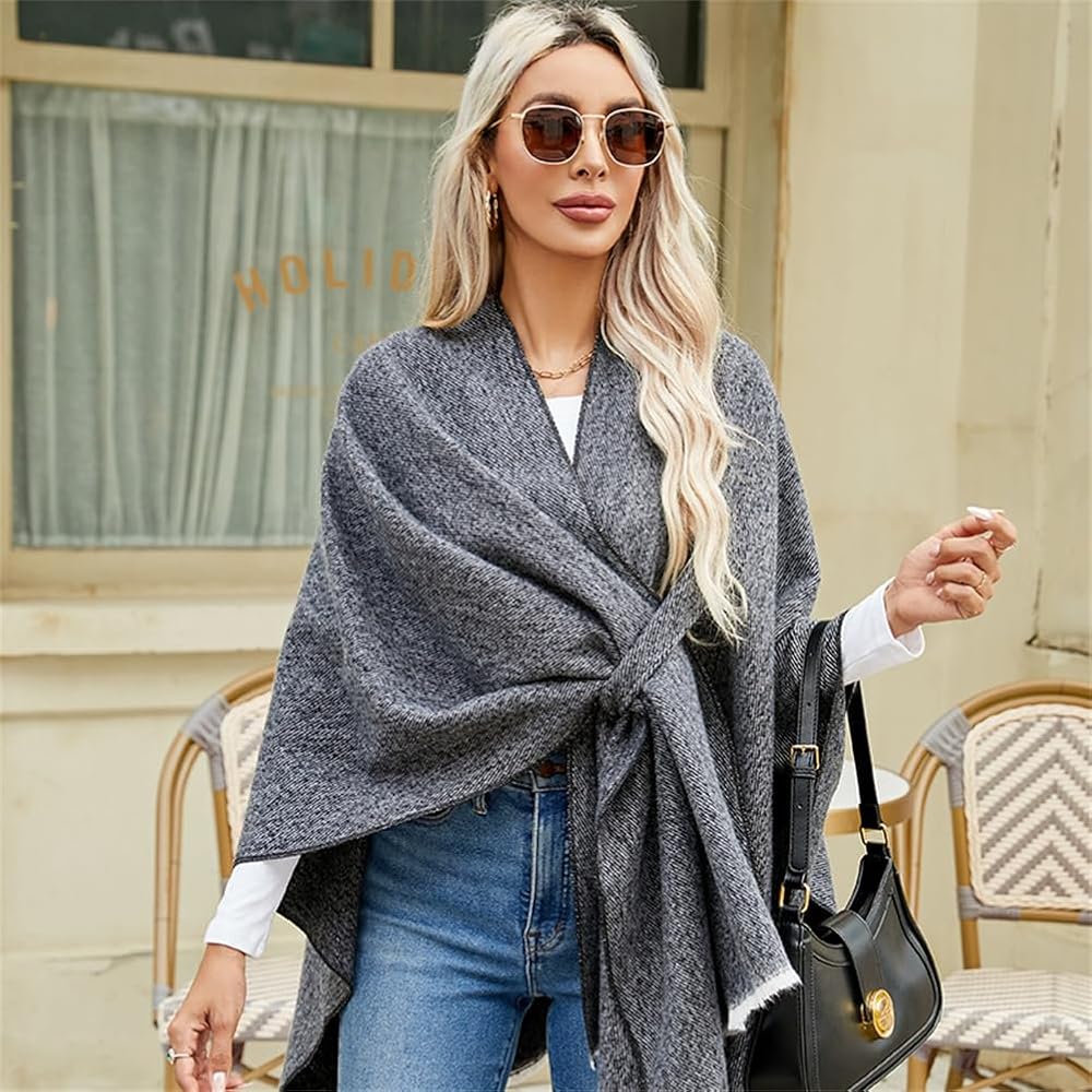 Wrap Me Up Belted Shawl Poncho – Soft Warm Fashion Layered Poncho for Women Casual and Outdoor Wear