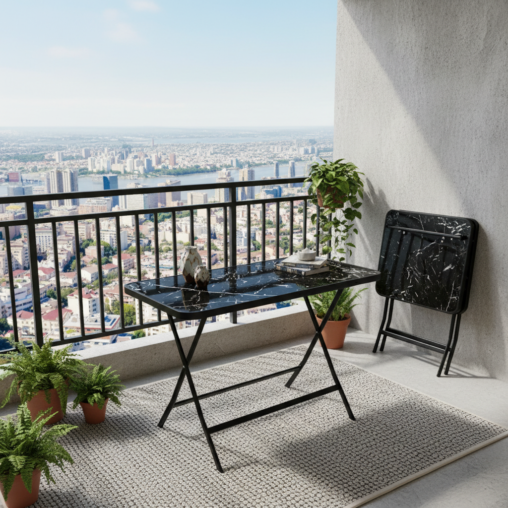 Marble folding table with foldable metal frame available in white marble and black marble tabletop finishes for study, dining, and office use.