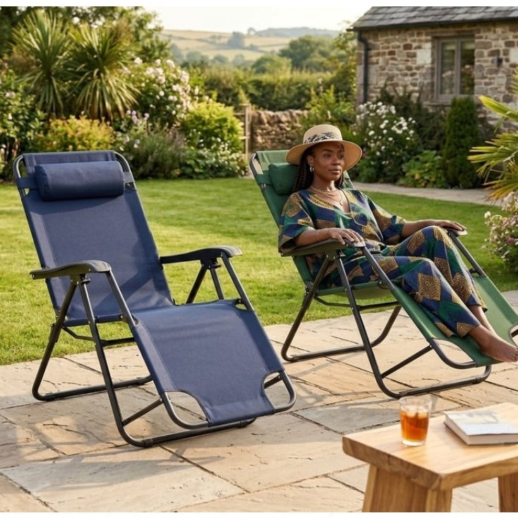 Gemelli Collections 2-in-1 portable camping chair bed with adjustable recline, padded headrest, and steel frame available in navy blue and green.