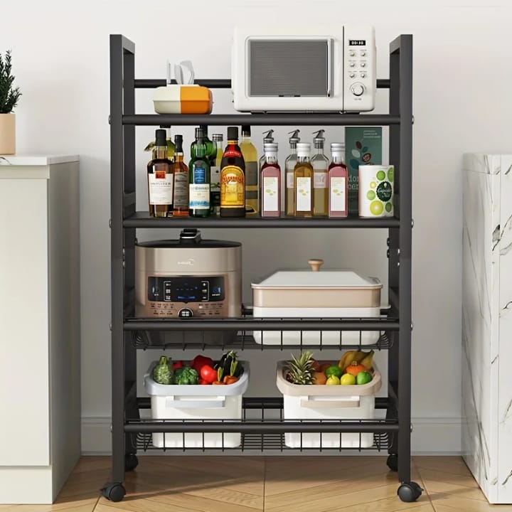 Multi-layer metallic storage rack with rolling wheels for home organization