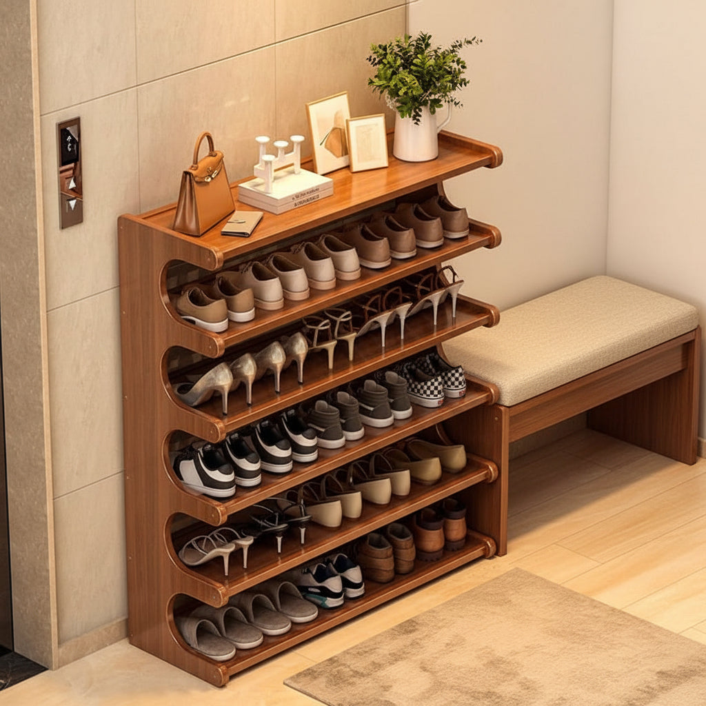 6 layer bamboo shoe rack for organized footwear storage.
