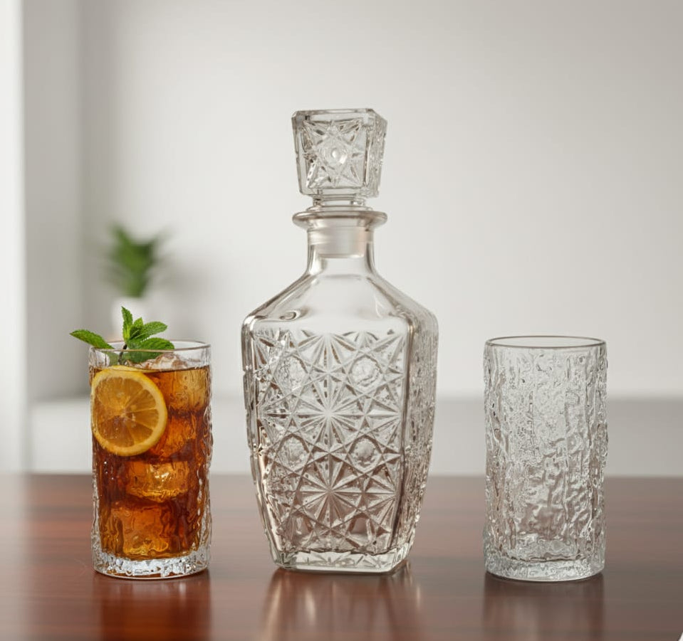 Square glass decanter set with two clear ice texture glasses, 850ml decanter and 350ml glasses