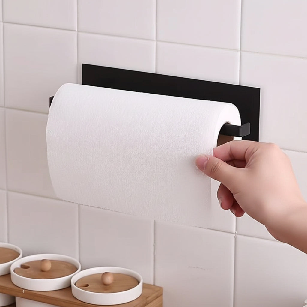 Multipurpose paper towel holder with a wide stable base for kitchen countertop use