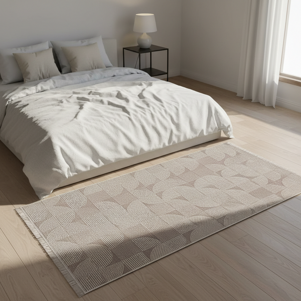 Gemelli Collections Oriental Weavers Oria KBORIE115 greige overlapping circles geometric jute look rug for modern interiors.