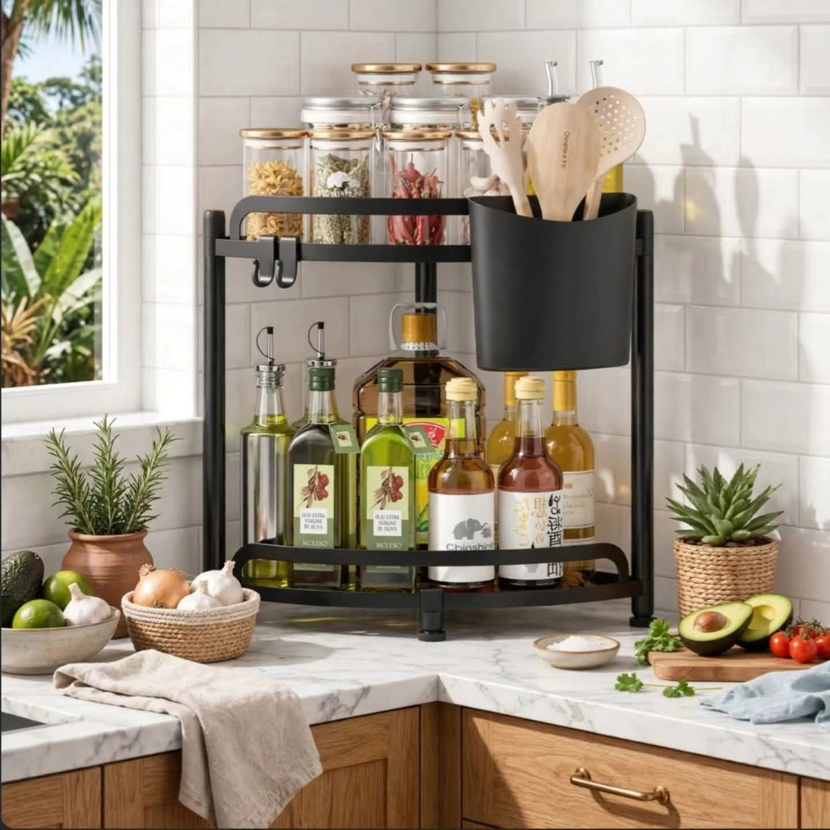Gemelli Collections 2 tier corner kitchen storage rack with spice organiser utensil holder hooks carbon steel frame and 15 kg load capacity.