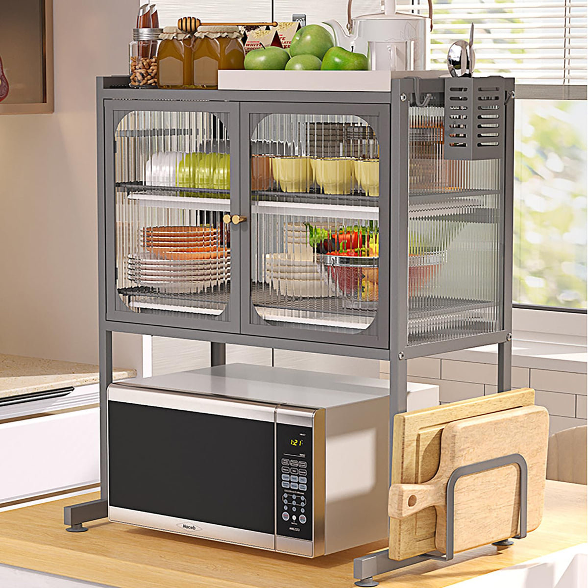 Kitchen storage rack with microwave stand metal organiser shelf for plates cups kitchen appliances and countertop organisation 57x37x76cm.