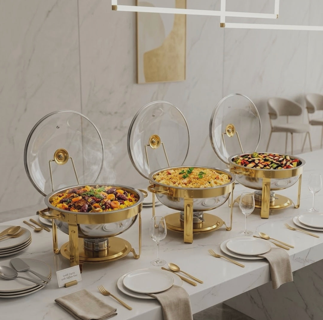 5L round stainless steel chafing dish with gold handles and legs, two food pans, clear glass lid, and matching serving tongs for catering, restaurants, hotels, and home gatherings.