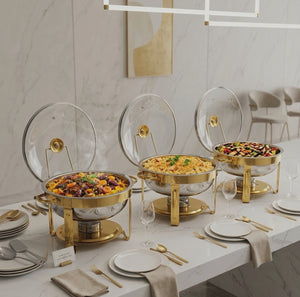 5L round stainless steel chafing dish with gold handles and legs, two food pans, clear glass lid, and matching serving tongs for catering, restaurants, hotels, and home gatherings.