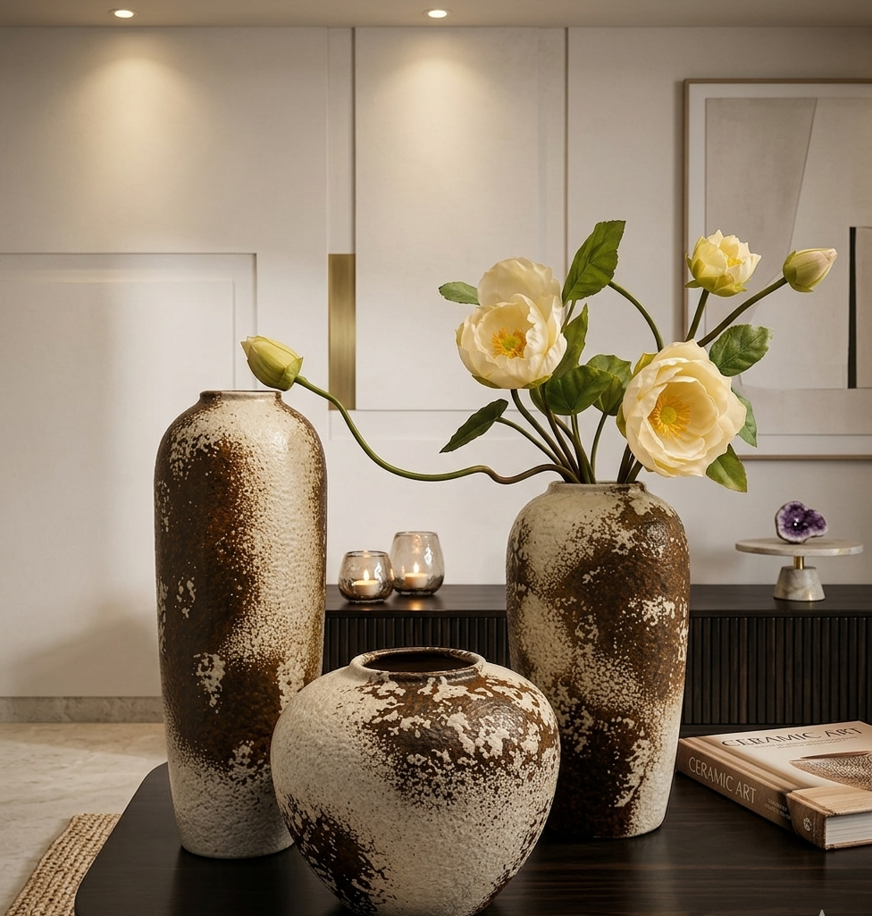 Gemelli Colllection rustic brown textured vase set 3pcs earthy home décor vases modern boho farmhouse flower vase set living room shelf console entryway styling decorative vases