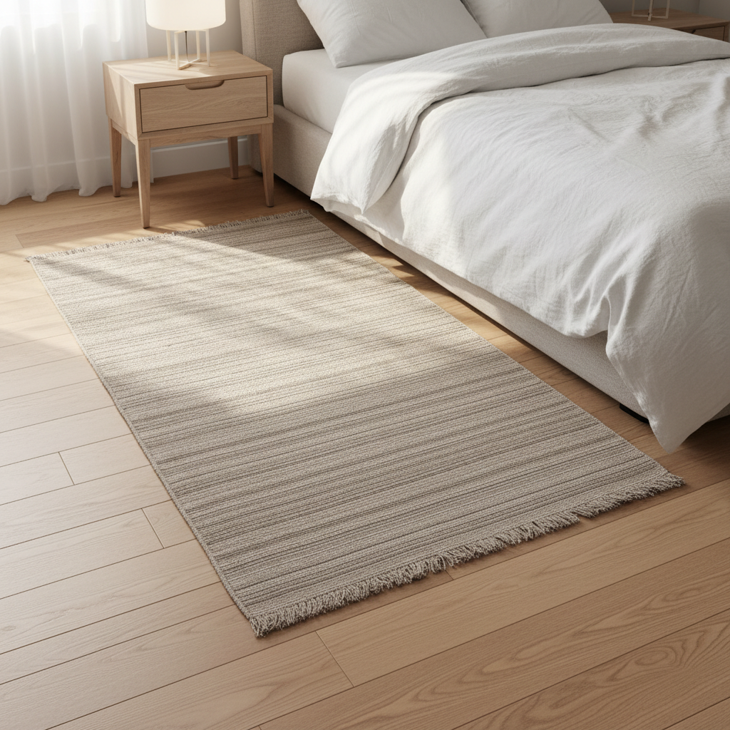 Gemelli Collections Oriental Weavers Fuwwa KBORIE218 beige grey mix fine linear stripe jute look rug with fringe.