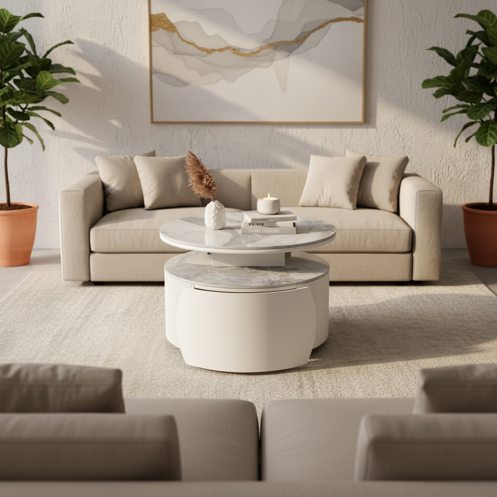 Gemelli Collections 2-piece rotating nesting coffee table set with marble top, fluted MDF base, curved storage drawer, and 360-degree rotating design for modern living room décor.