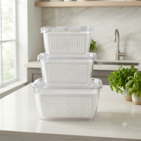 3-Piece Fresh Food Storage Container Set with Removable Drain Tray